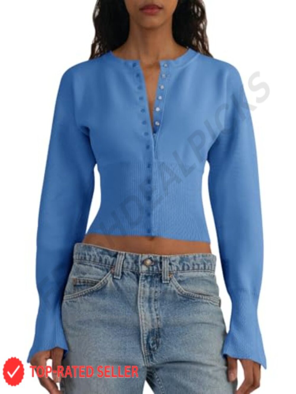 Cropped V-Neck Button Down Cardigan Sweater Ribbed Knit Long Puff Sleeve